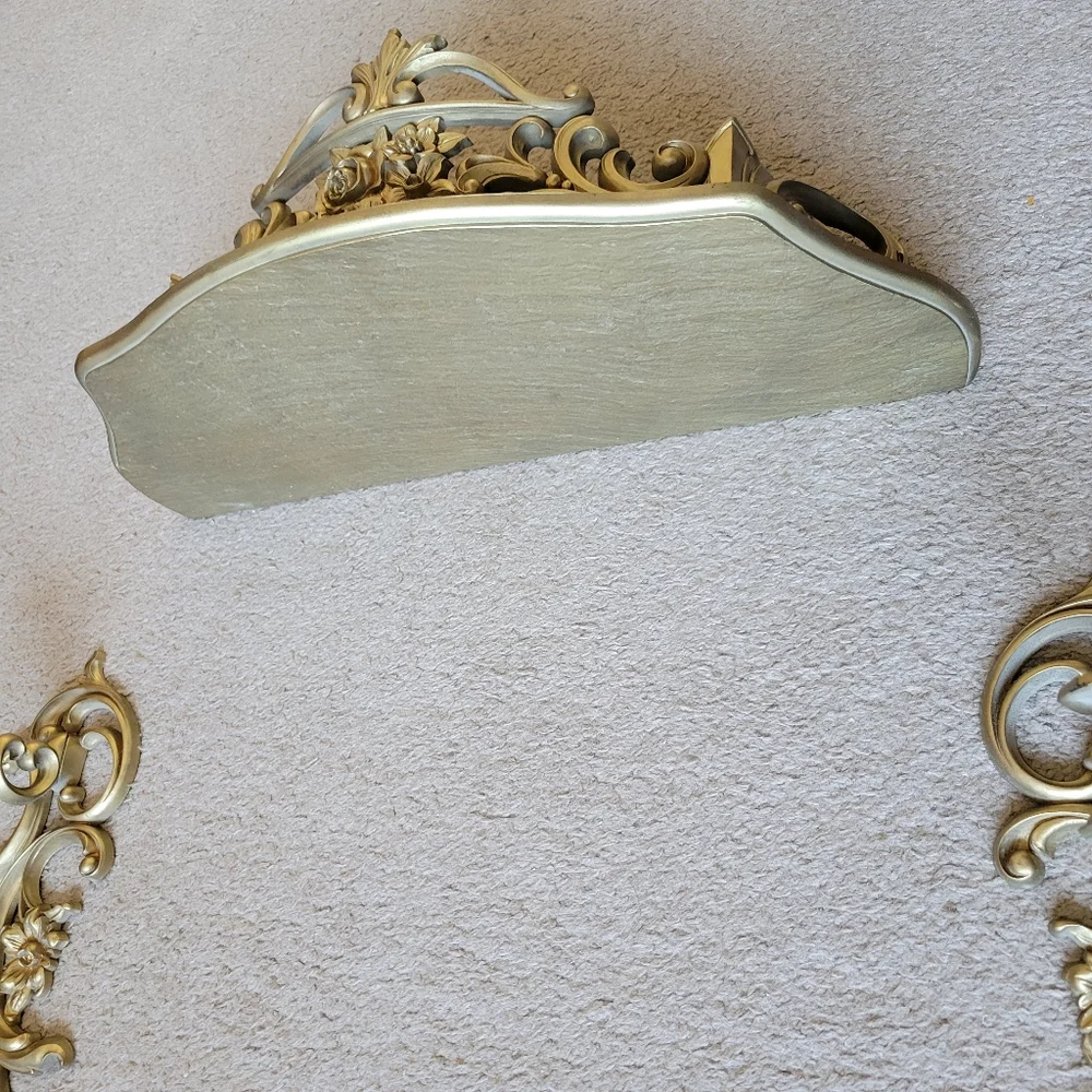 Vintage Set Syroco Dart Gold Hollywood Regency Wall Sconces and Shelf #3025#3933